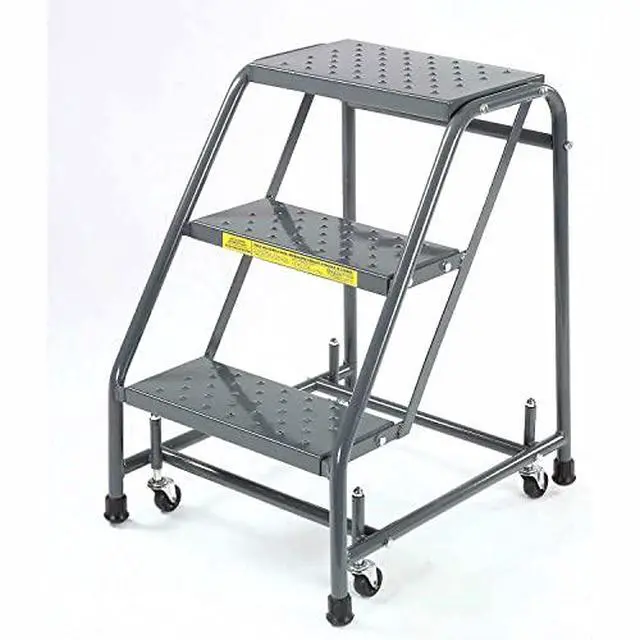 Alt view image 2 of 2 - 318P Steel Standard Rolling Ladder with Spring Loaded Casters Without Handrails, Perforated Step Tread, Unassembled, OSHA/ANSI Standard, 3 Steps, 16" Step Width, 10" Top Step Deep, Gray