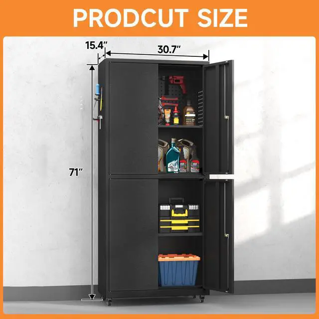 Alt view image 3 of 6 - Metal Storage Cabinet with Wheels, 71" H Metal Tool Cabinet with Adjustable Shelves and Doors, Garage Storage Cabinet for Utility Room,Workshop (71" H-Black)