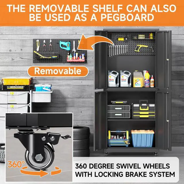 Alt view image 4 of 6 - Metal Storage Cabinet with Wheels, 71" H Metal Tool Cabinet with Adjustable Shelves and Doors, Garage Storage Cabinet for Utility Room,Workshop (71" H-Black)