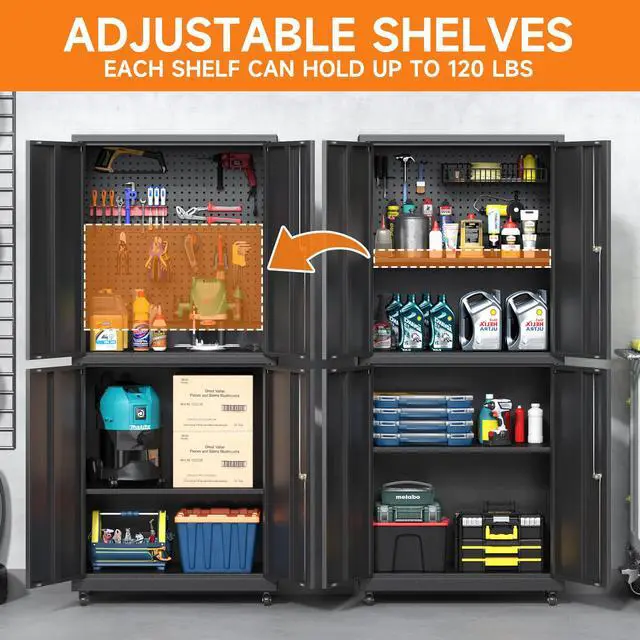 Alt view image 6 of 6 - Metal Storage Cabinet with Wheels, 71" H Metal Tool Cabinet with Adjustable Shelves and Doors, Garage Storage Cabinet for Utility Room,Workshop (71" H-Black)