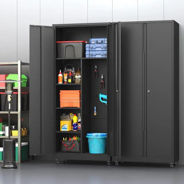 Alt view image 2 of 6 - Garage Cabinet with 4 Wheels, 71" H Tool Storage Cabinets, Garage Storage Cabinet with Adjustable Shelves, Broom Closet Cabinets for Utility Room,Workshop