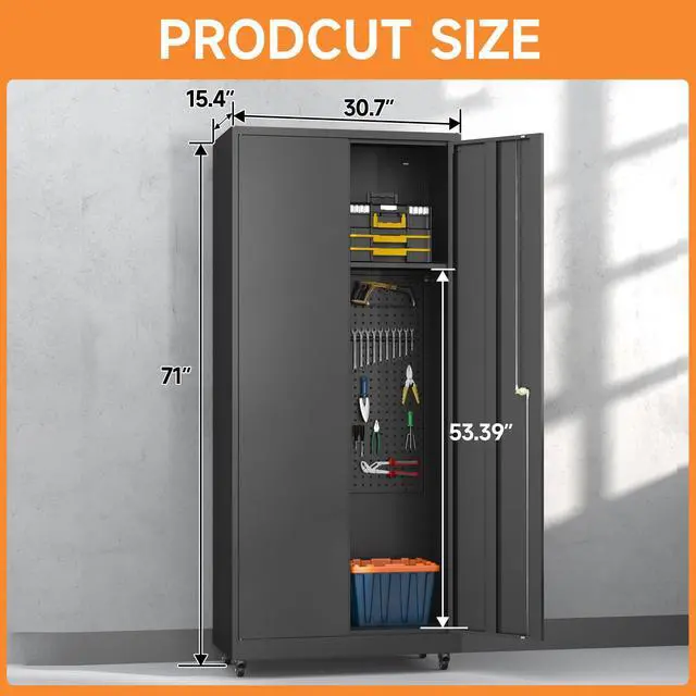Alt view image 3 of 6 - Garage Cabinet with 4 Wheels, 71" H Tool Storage Cabinets, Garage Storage Cabinet with Adjustable Shelves, Broom Closet Cabinets for Utility Room,Workshop
