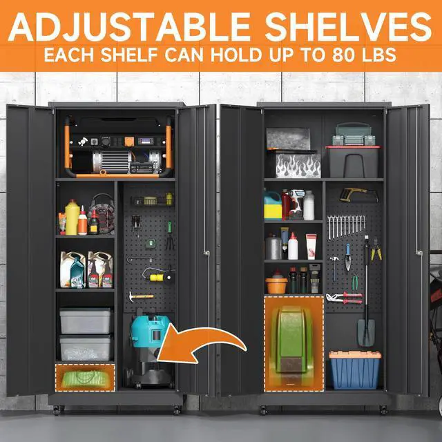 Alt view image 6 of 6 - Garage Cabinet with 4 Wheels, 71" H Tool Storage Cabinets, Garage Storage Cabinet with Adjustable Shelves, Broom Closet Cabinets for Utility Room,Workshop