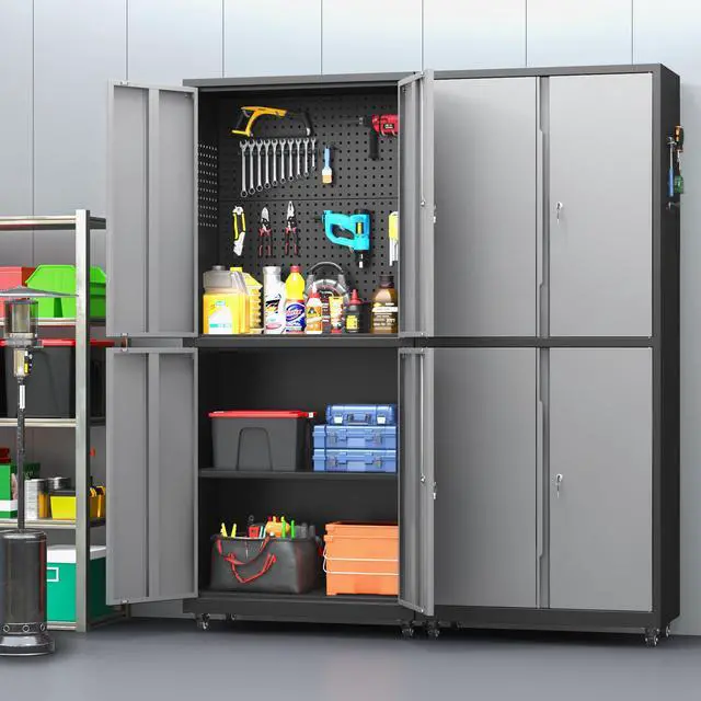 Alt view image 2 of 6 - Metal Storage Cabinet with Wheels, 71" H Metal Tool Cabinet with Adjustable Shelves and Doors, Garage Storage Cabinet for Utility Room,Workshop(71" H-Gray)