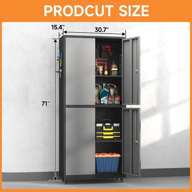 Alt view image 3 of 6 - Metal Storage Cabinet with Wheels, 71" H Metal Tool Cabinet with Adjustable Shelves and Doors, Garage Storage Cabinet for Utility Room,Workshop(71" H-Gray)