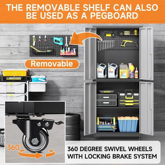 Alt view image 5 of 6 - Metal Storage Cabinet with Wheels, 71" H Metal Tool Cabinet with Adjustable Shelves and Doors, Garage Storage Cabinet for Utility Room,Workshop(71" H-Gray)