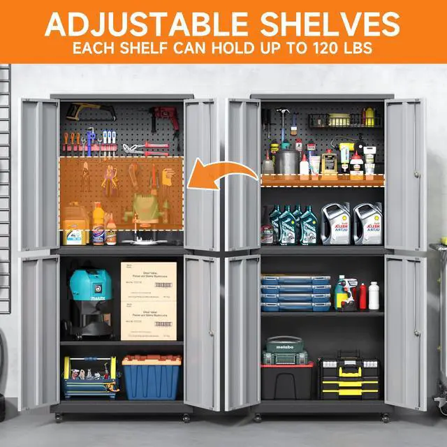 Alt view image 6 of 6 - Metal Storage Cabinet with Wheels, 71" H Metal Tool Cabinet with Adjustable Shelves and Doors, Garage Storage Cabinet for Utility Room,Workshop(71" H-Gray)