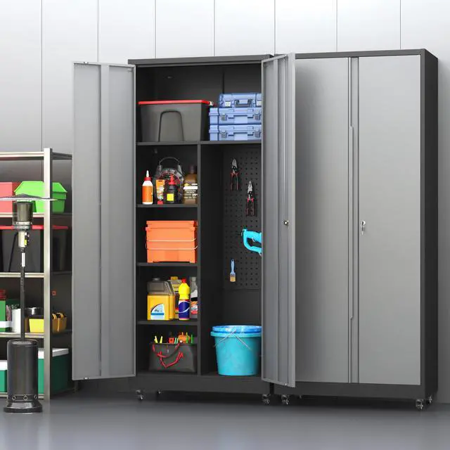 Alt view image 2 of 6 - Garage Cabinet with 4 Wheels, 71" H Tool Storage Cabinets, Garage Storage Cabinets with Adjustable Shelves, Broom Closet Cabinets for Utility Room,Workshop