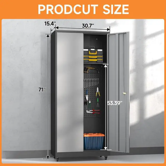 Alt view image 3 of 6 - Garage Cabinet with 4 Wheels, 71" H Tool Storage Cabinets, Garage Storage Cabinets with Adjustable Shelves, Broom Closet Cabinets for Utility Room,Workshop