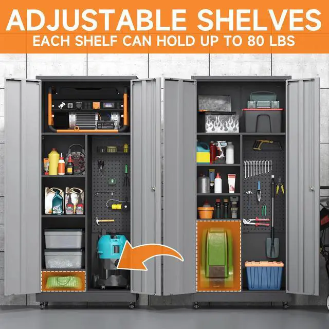 Alt view image 6 of 6 - Garage Cabinet with 4 Wheels, 71" H Tool Storage Cabinets, Garage Storage Cabinets with Adjustable Shelves, Broom Closet Cabinets for Utility Room,Workshop