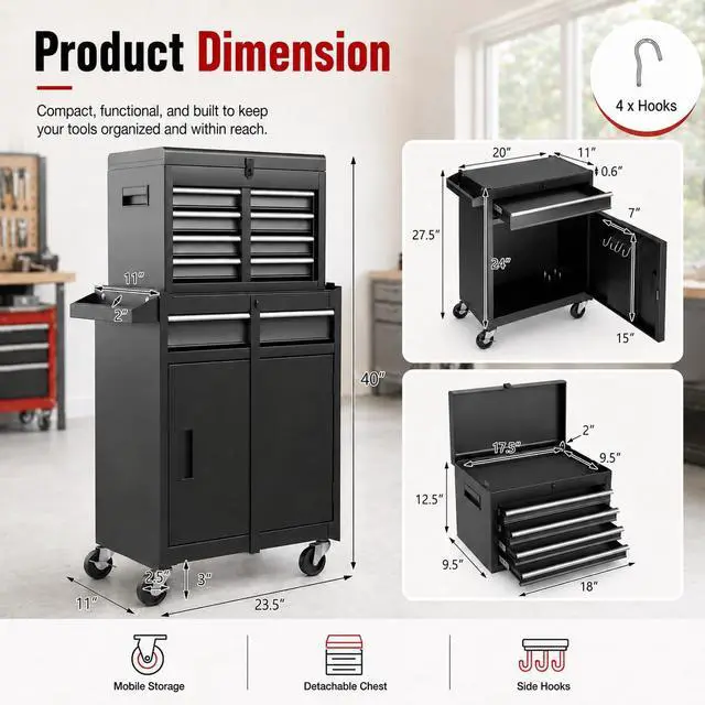 Alt view image 2 of 6 - 2-in-1 Rolling Tool Chest with 5 Drawers, Heavy-Duty Metal Tool Box with Wheels, Detachable Top Tool Box & Rolling Tool Cabinet for Garage, DIY (5-Drawers, Black)