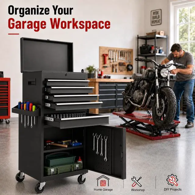 Alt view image 3 of 6 - 2-in-1 Rolling Tool Chest with 5 Drawers, Heavy-Duty Metal Tool Box with Wheels, Detachable Top Tool Box & Rolling Tool Cabinet for Garage, DIY (5-Drawers, Black)