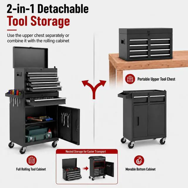 Alt view image 4 of 6 - 2-in-1 Rolling Tool Chest with 5 Drawers, Heavy-Duty Metal Tool Box with Wheels, Detachable Top Tool Box & Rolling Tool Cabinet for Garage, DIY (5-Drawers, Black)