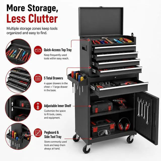 Alt view image 5 of 6 - 2-in-1 Rolling Tool Chest with 5 Drawers, Heavy-Duty Metal Tool Box with Wheels, Detachable Top Tool Box & Rolling Tool Cabinet for Garage, DIY (5-Drawers, Black)