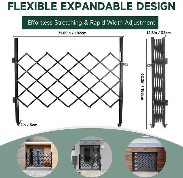 Alt view image 4 of 6 - Single Folding Security Gates 72" W x 62" H Accordion Door, Metal Expandable Fence 360Rolling Expanding Outdoor Security Scissor Gate for Courtyards, Garages, Gardens