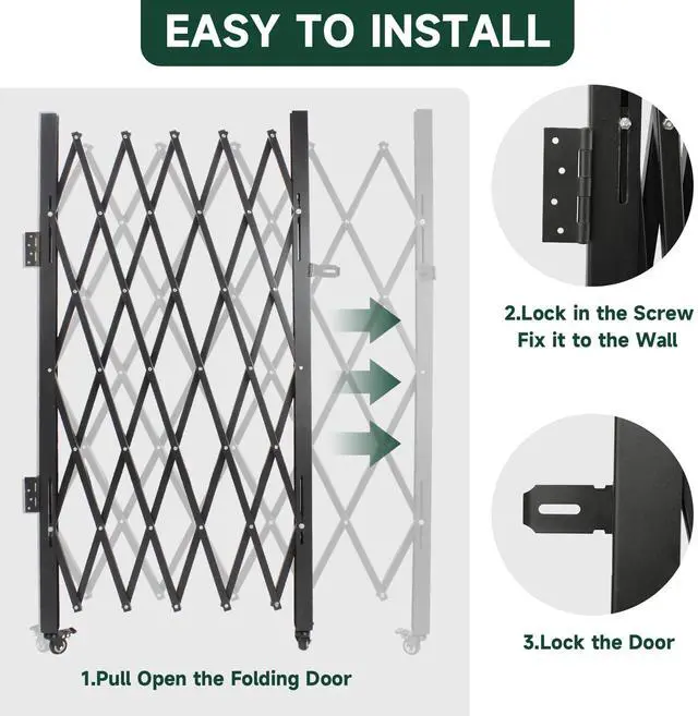 Alt view image 5 of 6 - Single Folding Security Gates 72" W x 62" H Accordion Door, Metal Expandable Fence 360Rolling Expanding Outdoor Security Scissor Gate for Courtyards, Garages, Gardens
