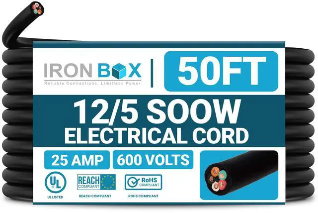 Main image of IronBox Electric - 12/5 Bulk Cable - SOOW Jacket - 12 Gauge,5 Wire - Rated for 600V,25A - Water & Oil Resistant Cable for Indoor/Outdoor Use - Ideal for Generators, Circuits & Data Centers (50 feet)
