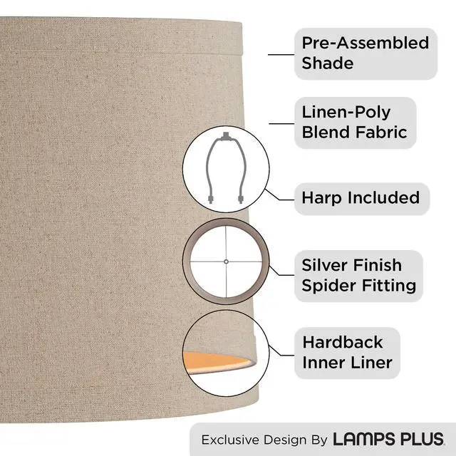 Alt view image 2 of 6 - Set of 2 Taupe Natural Linen Large Drum Lamp Shade (Pre-Assembled) s 15" Top x 16" Bottom x 11" High (Spider) Replacement with Harp
