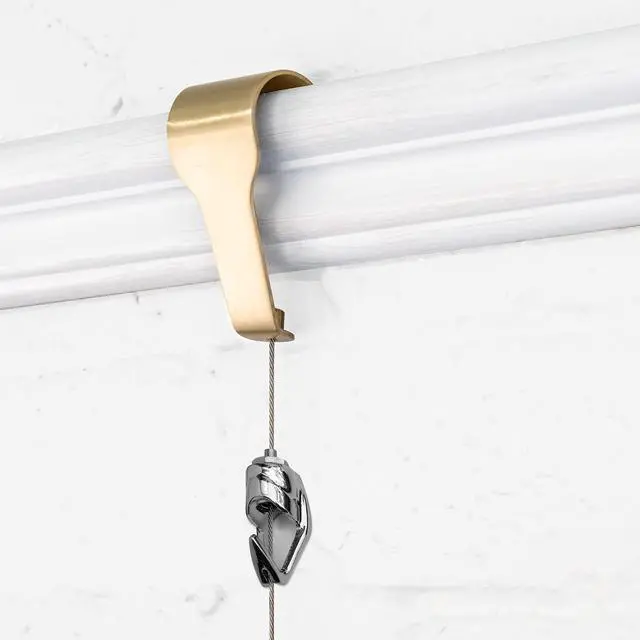 Main image of Picture Rail Molding Hook Art Hangers, Gallery Quality, Instantly Adjustable: Choose Brushed Brass or Stainless Steel Hangers with 6.5-Foot Cables (5, Brass)