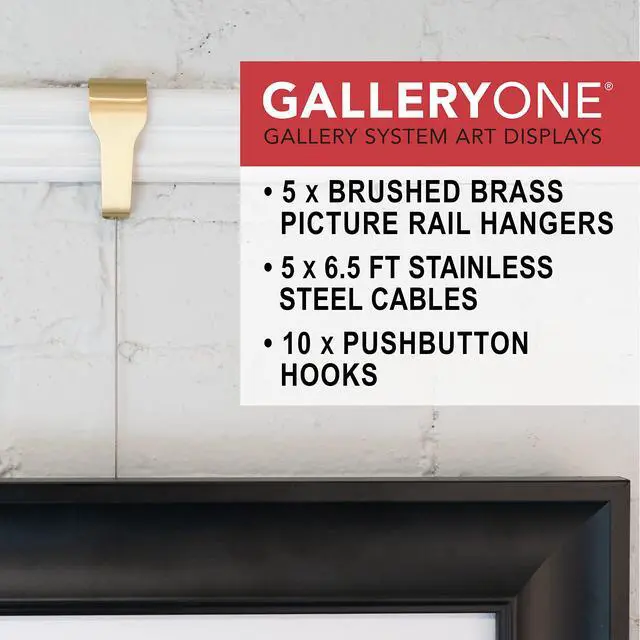 Alt view image 3 of 6 - Picture Rail Molding Hook Art Hangers, Gallery Quality, Instantly Adjustable: Choose Brushed Brass or Stainless Steel Hangers with 6.5-Foot Cables (5, Brass)