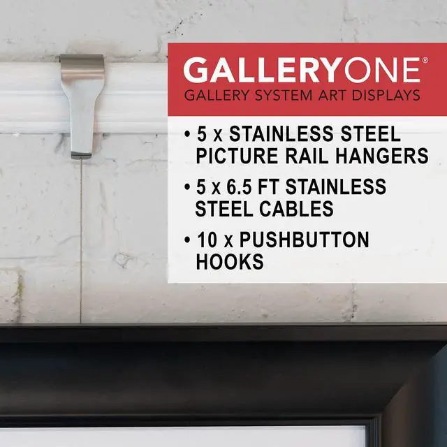 Alt view image 3 of 6 - Picture Rail Molding Hook Art Hangers, Gallery Quality, Instantly Adjustable: Choose Brushed Brass or Stainless Steel Hangers with 6.5-Foot Cables (5, Stainless Steel)