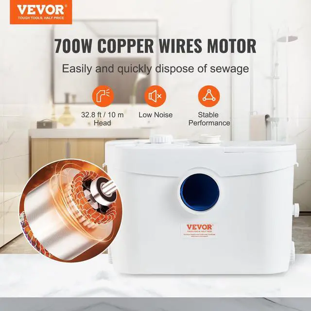Alt view image 2 of 6 - 700W Macerator Pump, 9600 L/h Flow, 32.8 ft/10 m Head, Macerator Sewerage Sump Pump with 3 Water Inlets for Toilet, Basement, Kitchen, Sink, Shower, Bathtub Waste Water Disposal Upflush Machine