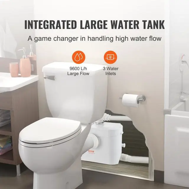 Alt view image 5 of 6 - 700W Macerator Pump, 9600 L/h Flow, 32.8 ft/10 m Head, Macerator Sewerage Sump Pump with 3 Water Inlets for Toilet, Basement, Kitchen, Sink, Shower, Bathtub Waste Water Disposal Upflush Machine