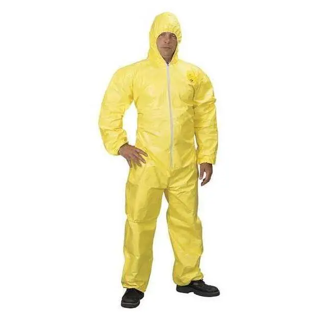 Alt view image 2 of 3 - Tychem 2000 QC127S Disposable Chemical Resistant Coverall with Hood, Elastic Cuff and Serged Seams, Yellow, Large (Pack of 12)
