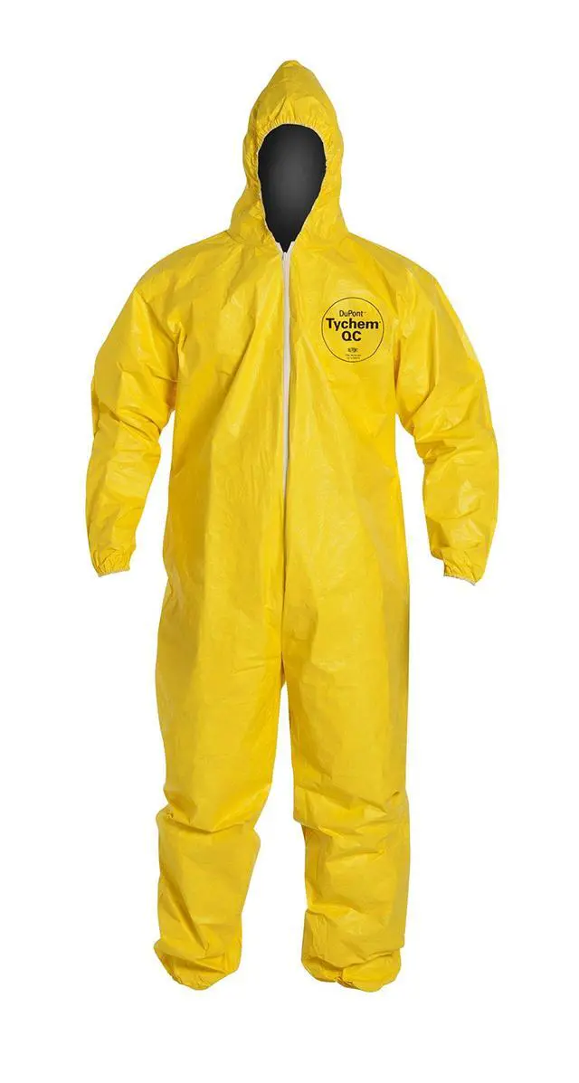 Alt view image 3 of 3 - Tychem 2000 QC127S Disposable Chemical Resistant Coverall with Hood, Elastic Cuff and Serged Seams, Yellow, Large (Pack of 12)