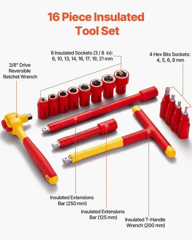Alt view image 2 of 6 - Insulated Socket Set, 16-Piece Insulated Wrench Tool Set, 1000V Insulated Socket Tool, with Insulated Sockets, Insulated T-Handle Wrench, Drive Rachet, Extensions, for Electricians Home Repair