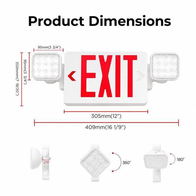 Alt view image 5 of 6 - 8 Pack Double Sided LED Emergency EXIT Sign Combo, Two LED Lights, Backup Battery, US Standard Red Letter Emergency Exit Lighting, Commercial Grade, 120-277V, Fire Resistant (UL 94V-0)