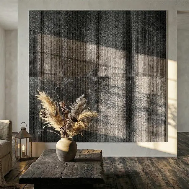 Alt view image 5 of 6 - 4 Pack 3D Wall Panels, Waterfall Stone Texture PU Wall Panels, 24"x48" Cover 32 Sq Ft Wall Tiles, Accent Wall Decor for Interior Living Room Bedroom Lobby Hotel Office, Black