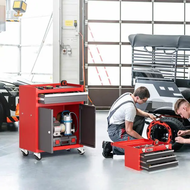 Alt view image 2 of 6 - Tool Box with Wheels,4 Drawer 39" Large Tool Chest,Detachable Top Metal Rolling Tool Box,Garage Tool Cabinet with Lock and 360° Rotating Wheels,Red