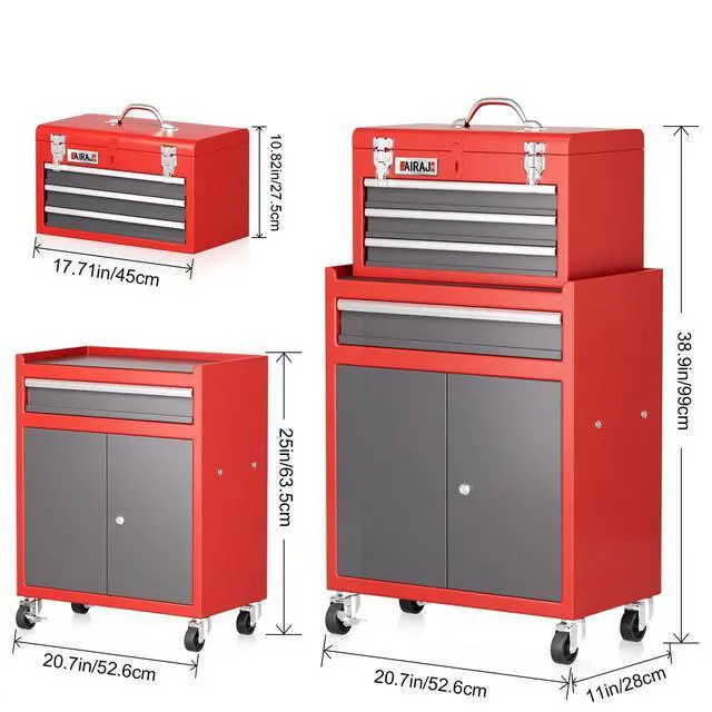 Alt view image 3 of 6 - Tool Box with Wheels,4 Drawer 39" Large Tool Chest,Detachable Top Metal Rolling Tool Box,Garage Tool Cabinet with Lock and 360° Rotating Wheels,Red