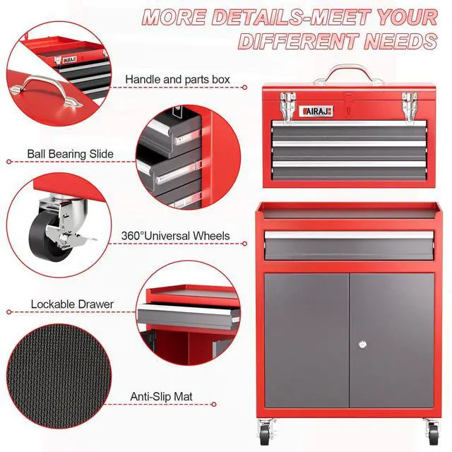 Alt view image 4 of 6 - Tool Box with Wheels,4 Drawer 39" Large Tool Chest,Detachable Top Metal Rolling Tool Box,Garage Tool Cabinet with Lock and 360° Rotating Wheels,Red