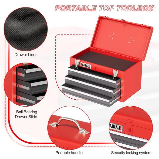 Alt view image 5 of 6 - Tool Box with Wheels,4 Drawer 39" Large Tool Chest,Detachable Top Metal Rolling Tool Box,Garage Tool Cabinet with Lock and 360° Rotating Wheels,Red