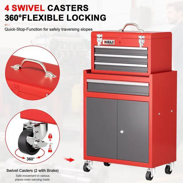 Alt view image 6 of 6 - Tool Box with Wheels,4 Drawer 39" Large Tool Chest,Detachable Top Metal Rolling Tool Box,Garage Tool Cabinet with Lock and 360° Rotating Wheels,Red