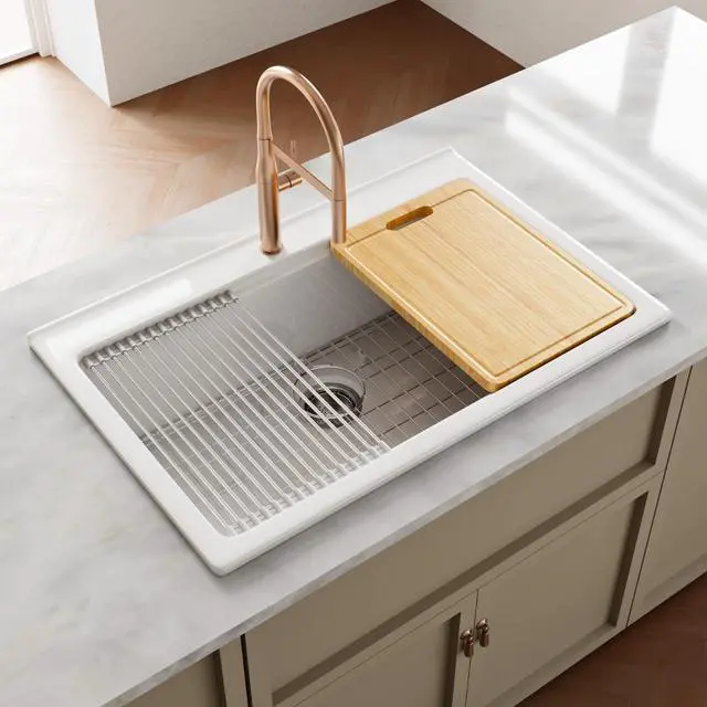 Main image of 33"W x 22"D White Drop In Kitchen Sink, 33 Inch Fireclay Kitchen Workstation Sink with One Faucet Hole, Topmount White Sinks, Deep Single Bowl, Includes Drying Rack and Cutting Board