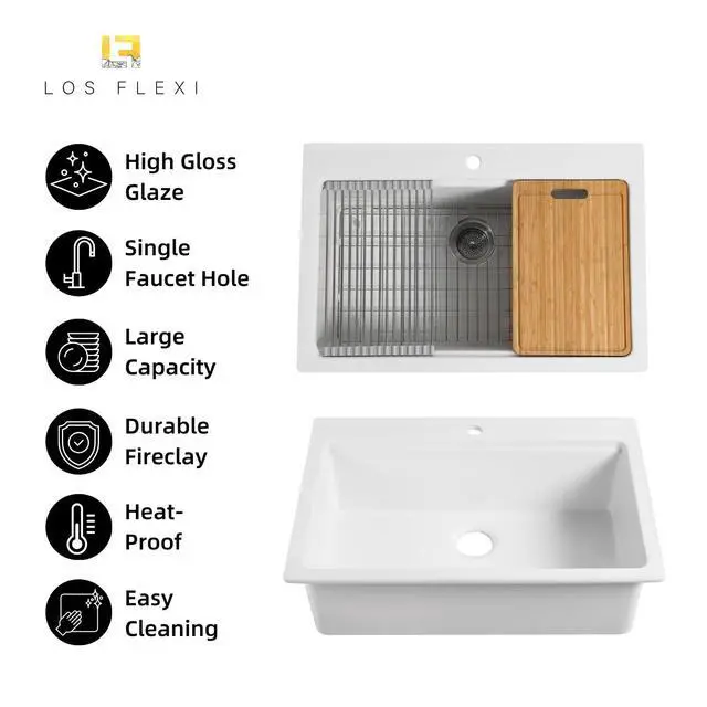 Alt view image 2 of 6 - 33"W x 22"D White Drop In Kitchen Sink, 33 Inch Fireclay Kitchen Workstation Sink with One Faucet Hole, Topmount White Sinks, Deep Single Bowl, Includes Drying Rack and Cutting Board