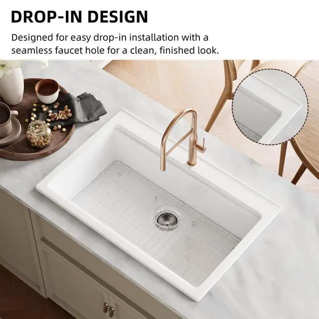 Alt view image 3 of 6 - 33"W x 22"D White Drop In Kitchen Sink, 33 Inch Fireclay Kitchen Workstation Sink with One Faucet Hole, Topmount White Sinks, Deep Single Bowl, Includes Drying Rack and Cutting Board