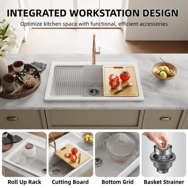 Alt view image 4 of 6 - 33"W x 22"D White Drop In Kitchen Sink, 33 Inch Fireclay Kitchen Workstation Sink with One Faucet Hole, Topmount White Sinks, Deep Single Bowl, Includes Drying Rack and Cutting Board