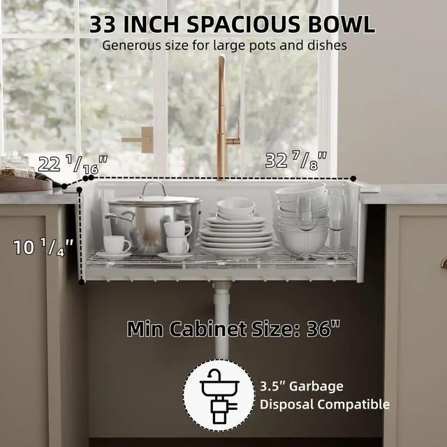 Alt view image 5 of 6 - 33"W x 22"D White Drop In Kitchen Sink, 33 Inch Fireclay Kitchen Workstation Sink with One Faucet Hole, Topmount White Sinks, Deep Single Bowl, Includes Drying Rack and Cutting Board