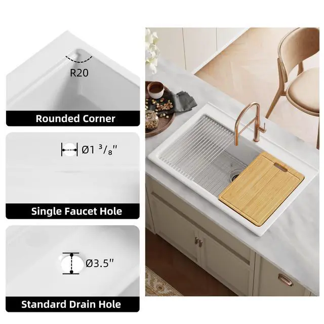 Alt view image 6 of 6 - 33"W x 22"D White Drop In Kitchen Sink, 33 Inch Fireclay Kitchen Workstation Sink with One Faucet Hole, Topmount White Sinks, Deep Single Bowl, Includes Drying Rack and Cutting Board