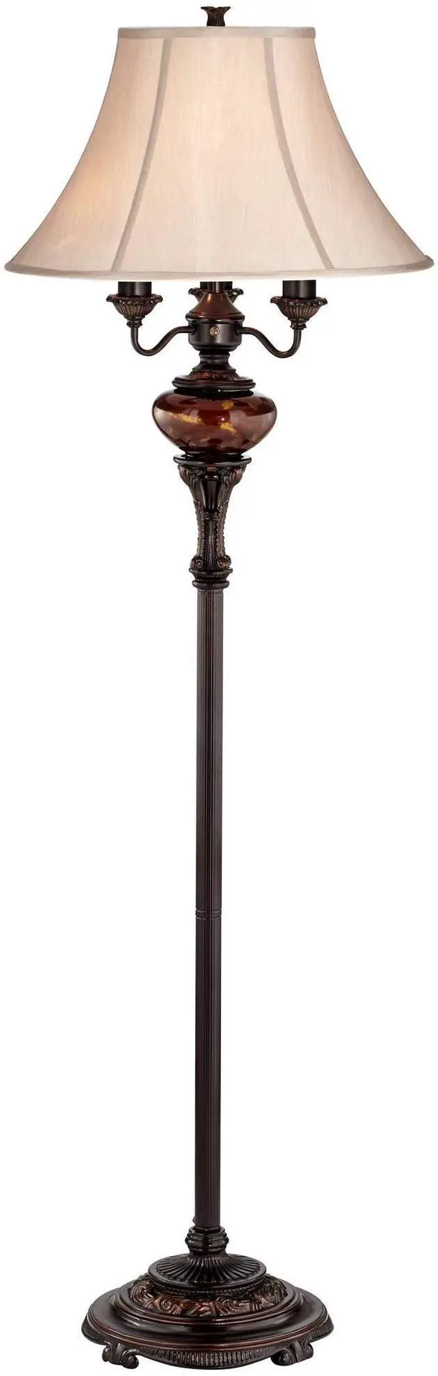 Main image of Traditional Standing Floor Lamp Multi 4-Light 63" Tall Antique Bronze Copper Gold Tortoise Glass Font Fabric Bell Shade Candelabra Decor for Living Room Reading House Bedroom