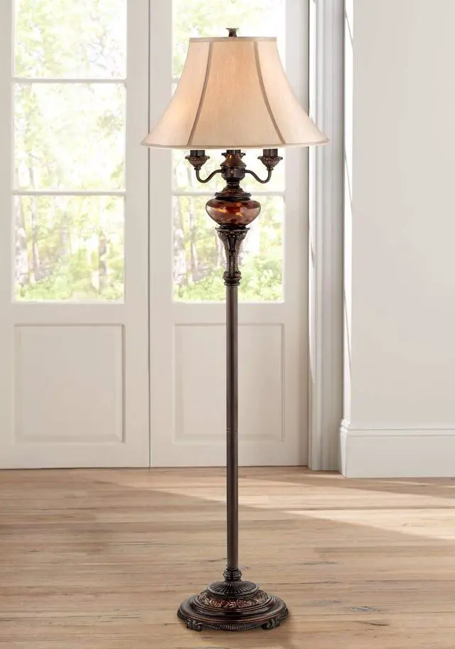 Alt view image 2 of 6 - Traditional Standing Floor Lamp Multi 4-Light 63" Tall Antique Bronze Copper Gold Tortoise Glass Font Fabric Bell Shade Candelabra Decor for Living Room Reading House Bedroom