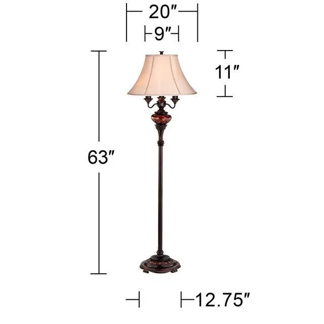Alt view image 4 of 6 - Traditional Standing Floor Lamp Multi 4-Light 63" Tall Antique Bronze Copper Gold Tortoise Glass Font Fabric Bell Shade Candelabra Decor for Living Room Reading House Bedroom