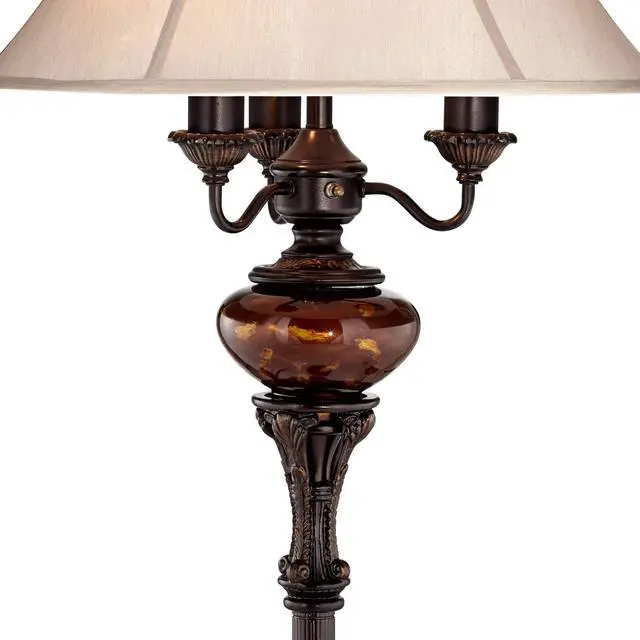 Alt view image 5 of 6 - Traditional Standing Floor Lamp Multi 4-Light 63" Tall Antique Bronze Copper Gold Tortoise Glass Font Fabric Bell Shade Candelabra Decor for Living Room Reading House Bedroom