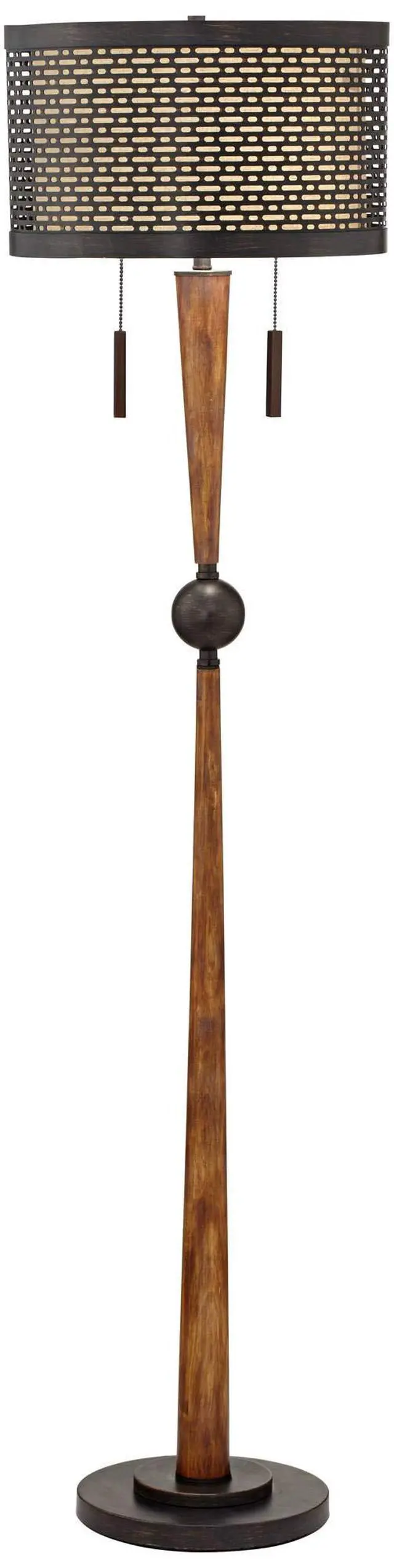 Alt view image 2 of 6 - Hunter Modern Mid Century Farmhouse Rustic Floor Lamp 64" Tall Bronze Cherry Wood Perforated Metal Cream Linen Double Drum Shade for Living Room Reading Bedroom Office House