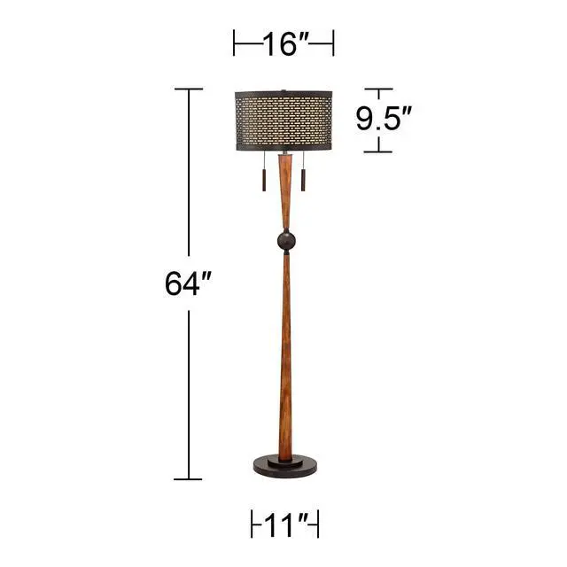 Alt view image 4 of 6 - Hunter Modern Mid Century Farmhouse Rustic Floor Lamp 64" Tall Bronze Cherry Wood Perforated Metal Cream Linen Double Drum Shade for Living Room Reading Bedroom Office House