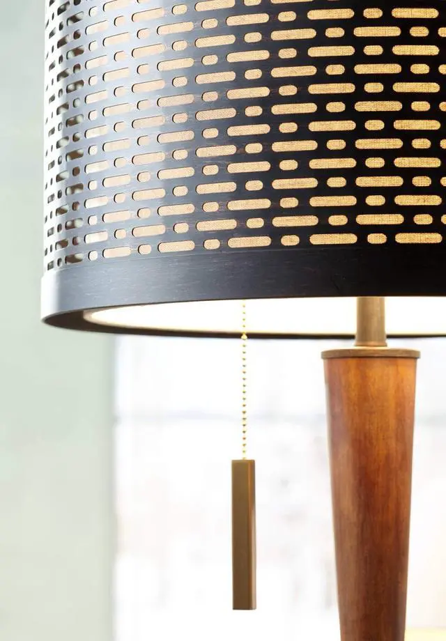 Alt view image 6 of 6 - Hunter Modern Mid Century Farmhouse Rustic Floor Lamp 64" Tall Bronze Cherry Wood Perforated Metal Cream Linen Double Drum Shade for Living Room Reading Bedroom Office House